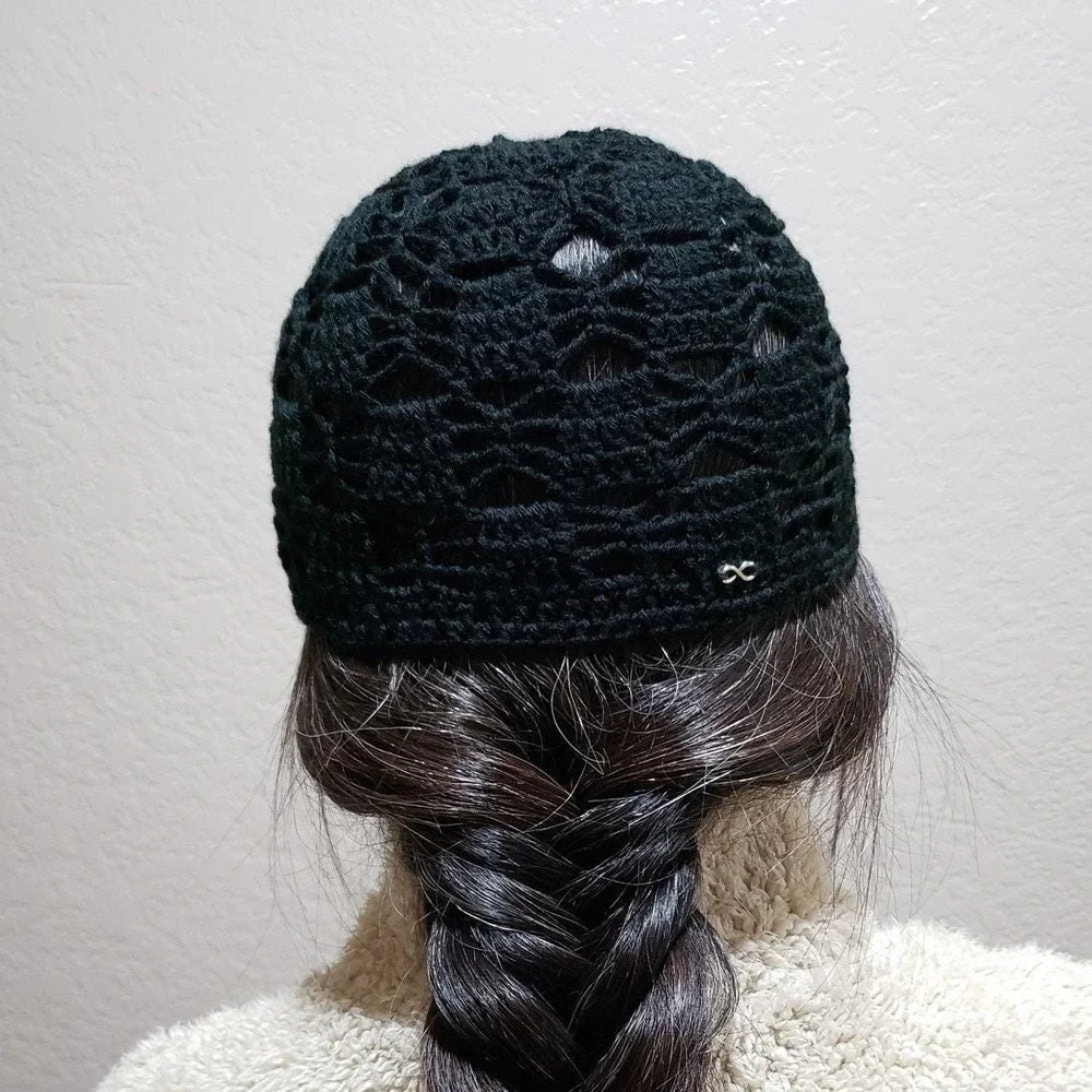 Handmade Crochet Chain Mesh Beanie Knit Cottage Mystic Emo Whimsigoth Black